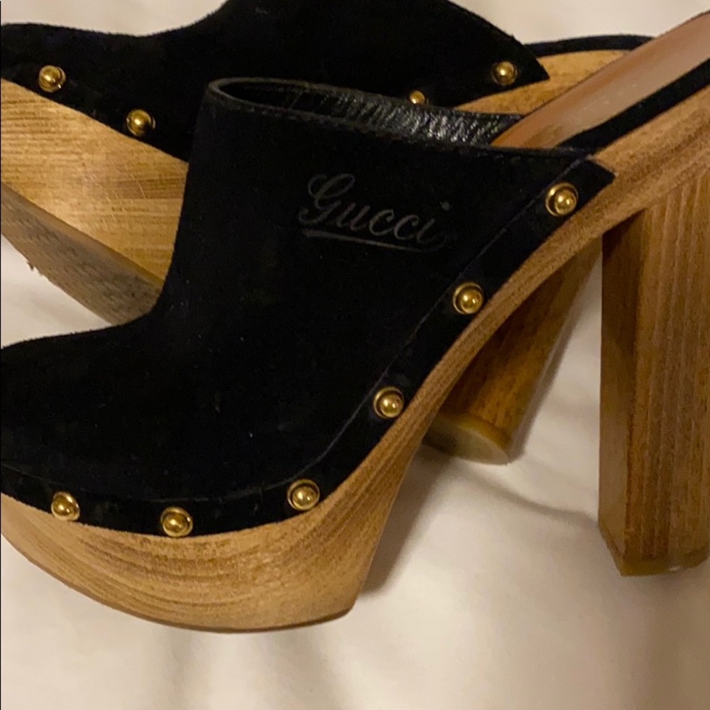 Pristine rare Gucci platform clogs in black suede